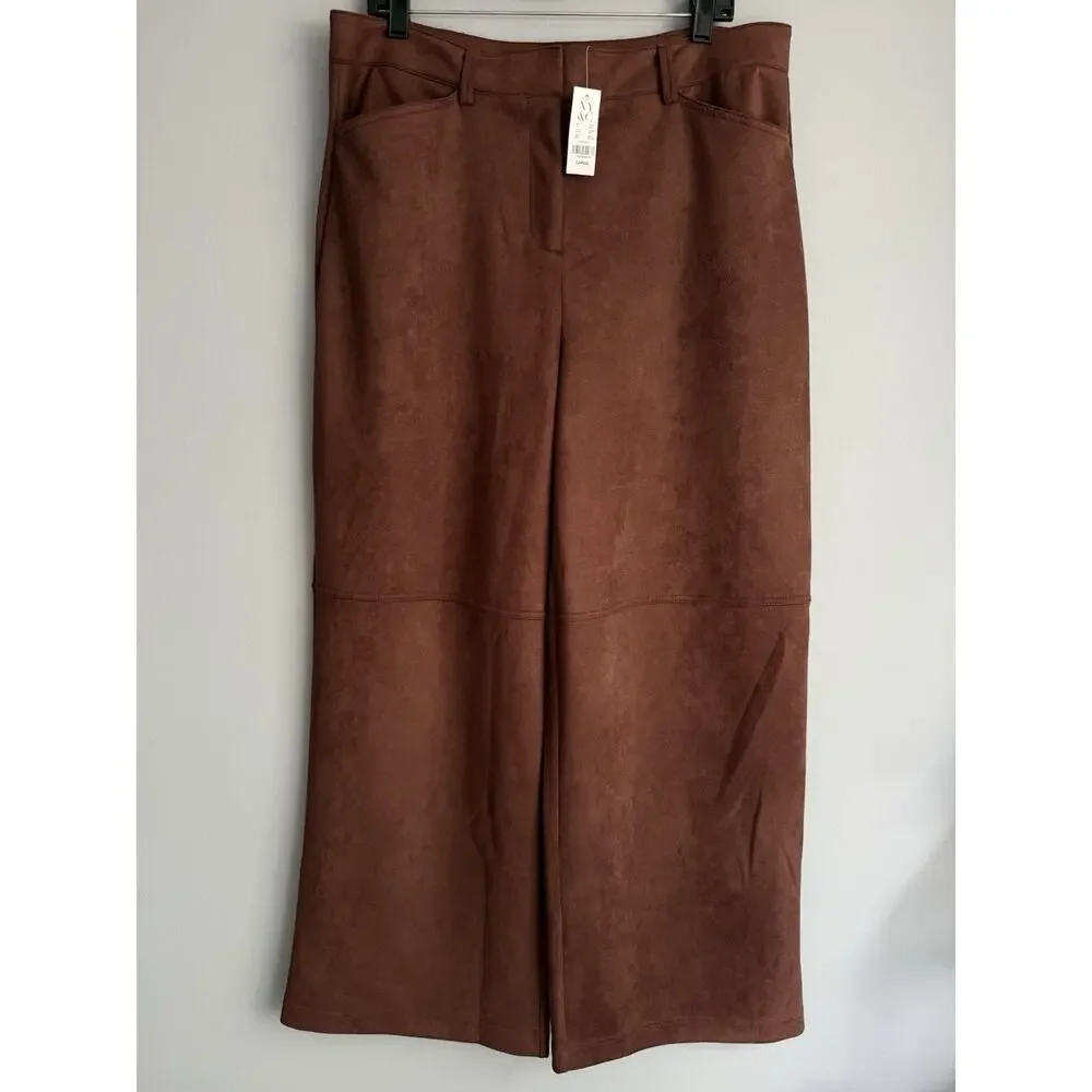 NY&C Faux Suede Wide Leg Pants Brown High Rise Palazzo Women Large NWT